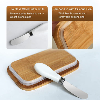 Ceramic Butter Container with Steal Butter Knife, Wooden lid