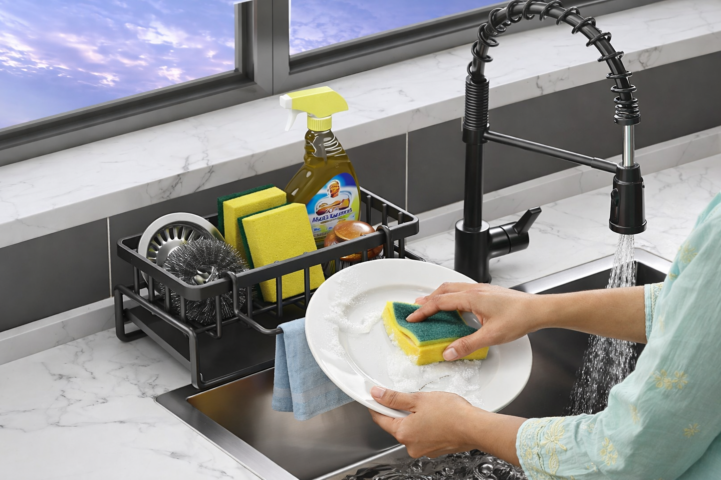 Auto-Draining Sink Organizer Caddy with Soap Tray, Dish Brush & Towel-Bar Holder (Black)