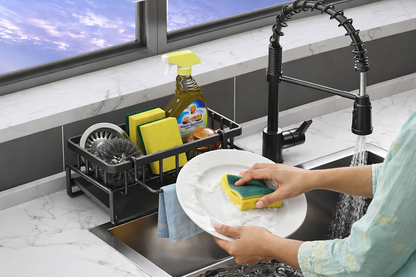Auto-Draining Sink Organizer Caddy with Soap Tray, Dish Brush & Towel-Bar Holder (Black)