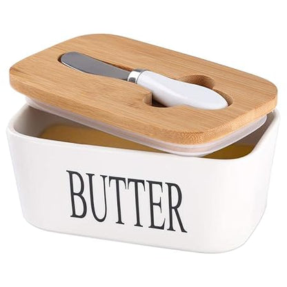 Ceramic Butter Container with Steal Butter Knife, Wooden lid