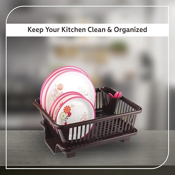 3 in 1 Large Durable Plastic Washing Dish Drying Rack with Tray  | Brown, Pack of 1