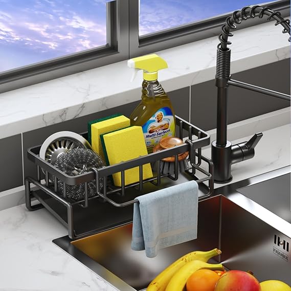 Auto-Draining Sink Organizer Caddy with Soap Tray, Dish Brush & Towel-Bar Holder (Black)