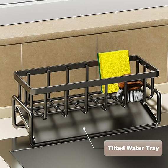 Auto-Draining Sink Organizer Caddy with Soap Tray, Dish Brush & Towel-Bar Holder (Black)