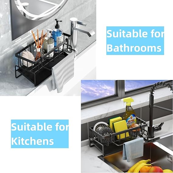 Auto-Draining Sink Organizer Caddy with Soap Tray, Dish Brush & Towel-Bar Holder (Black)