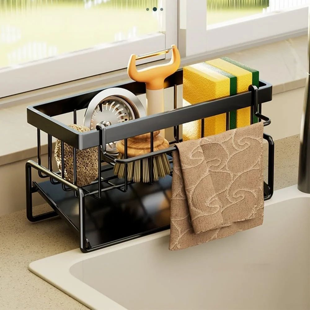 Auto-Draining Sink Organizer Caddy with Soap Tray, Dish Brush & Towel-Bar Holder (Black)