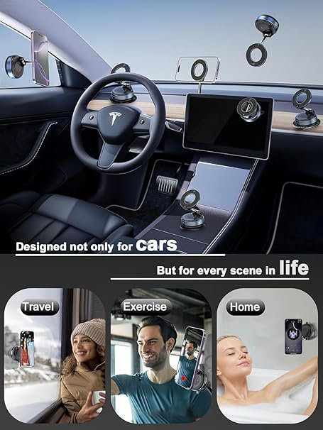 Vacuum Magnetic Car Phone Holder Stand, 360° Adjustable, Foldable for Magsafe & Android