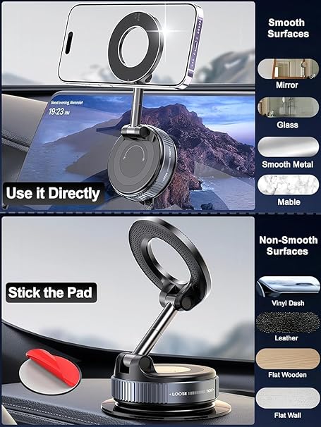 Vacuum Magnetic Car Phone Holder Stand, 360° Adjustable, Foldable for Magsafe & Android