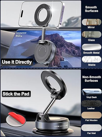 Vacuum Magnetic Car Phone Holder Stand, 360° Adjustable, Foldable for Magsafe & Android